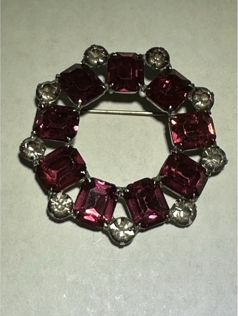 Vintage Red/clear Stone Wreath Shaped Brooch 2” Cushioned Red Rectangle Stones